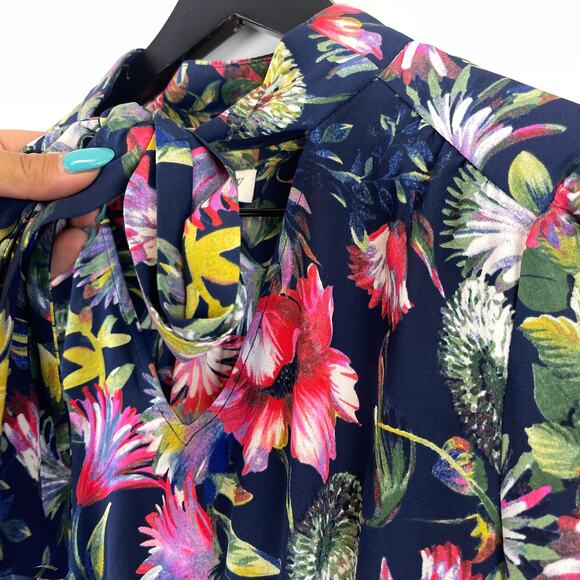 J.Crew XS Floral Tie-Neck Knee Length Dress Navy Blue Fit & Flare Dress - Picture 3 of 13